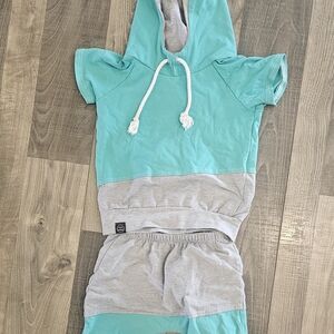 Teal and Gray Hooded Two-Piece Set